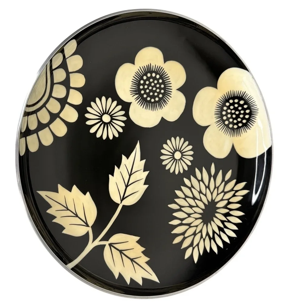 Black Floral Serving Tray Round Metal Retro Boho Mid Century 14 In Made in India